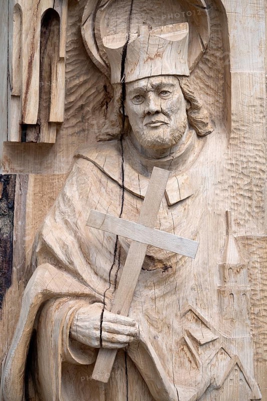 Modern wood sculpture, wood sculpture depicting Saint Wolfgang of Regensburg, Rottweil, Rottweil district, Baden-Württemberg, Germany