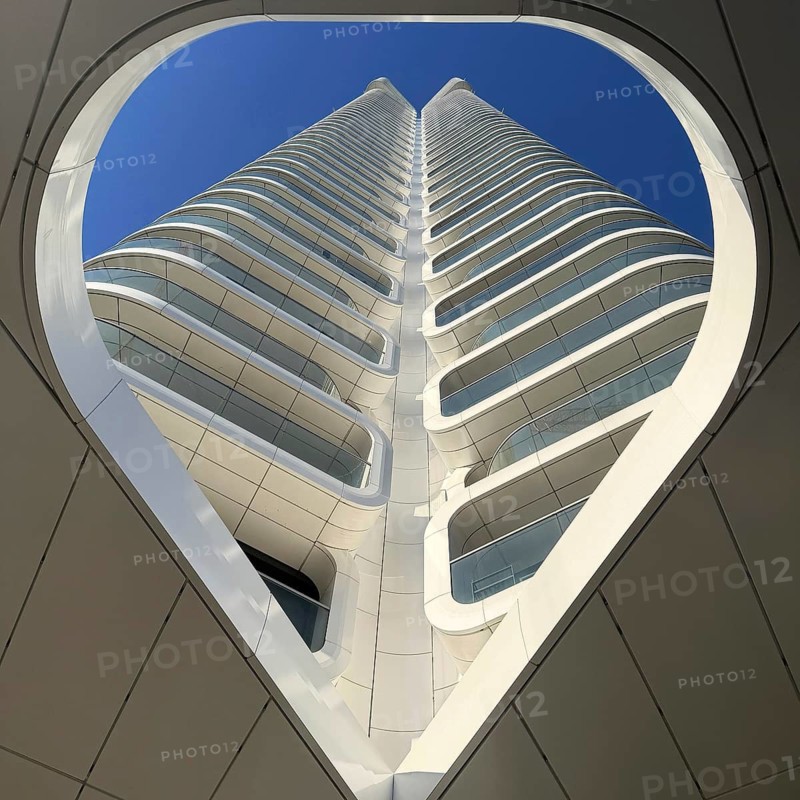 Heart-shaped view of the Grand Tower, first residential high-rise in Germany, Europaviertel, Frankfurt am Main, Hesse, Germany