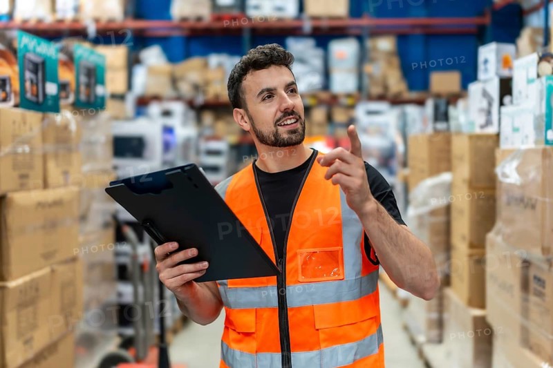 Male worker wearing safety vest managing inventory and logistics in a home improvement store, actively pointing while holding a clipboard in a warehouse setting
