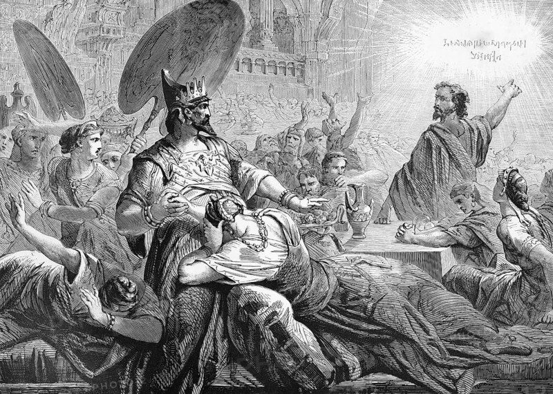 King Belshazzar's Supper, Bible, Old Testament, Babylon, Babylonian Empire, Banquet, Daniel, Prophet, Writing on the Wall, Warning, Judgment of God, Prophecy, Interpretation, Divine Message, Warning, Pride, Evil, Jerusalem Temple, Sacred Vessels, Queen, Court, Fortune-Teller, Observatory, Fall of Babylon, Night of Judgment, divine justice, fear, despair, horror, crowd, royal couple, historical illustration around 1850