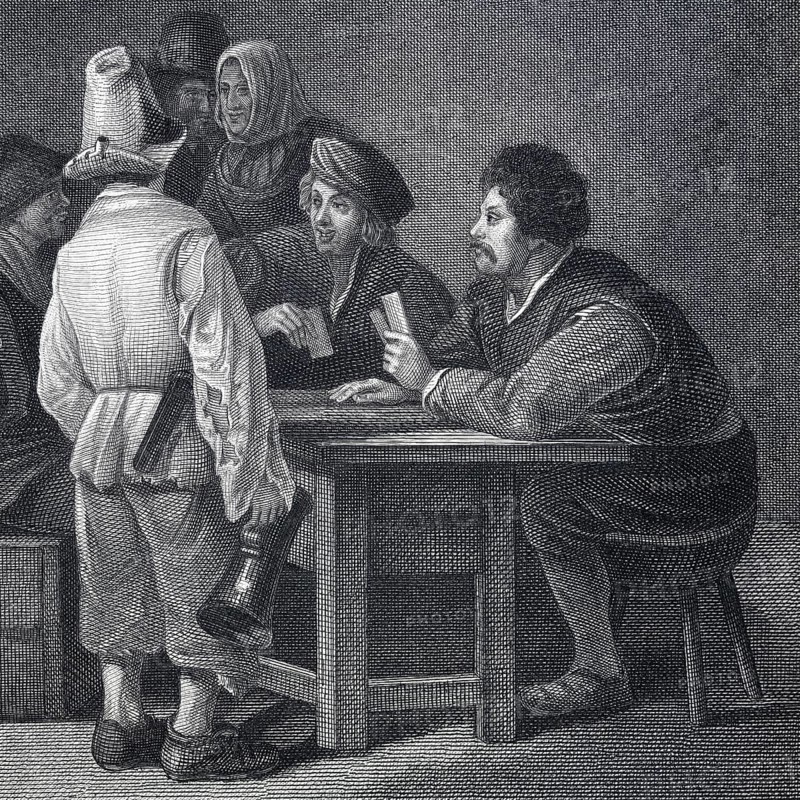 Detail from the painting The Card Players by Cornelis Rega, genre painting, Dutch painting, Dutch painting, card game, game scene, everyday scene, society, people, games, entertainment, tavern, interior, figure painting, realism, baroque, 18th century, Dutch art, civic life, conviviality, leisure, facial expressions, character representation, richness of detail, oil painting, art history, everyday life, social scene, genre painting, table, stool, historical illustration 1854