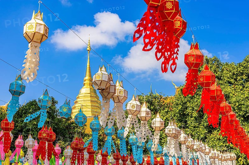 Colourful lanterns lined up in the Wat Phra That Doi Suthep temple complex, Chiang Mai, Thailand
