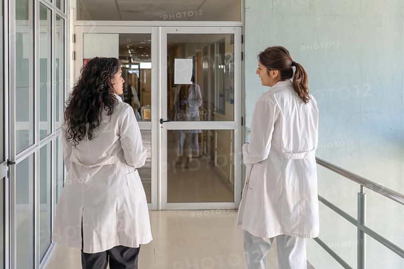 Rear view of two young women in white lab coats standing in a bright institutional corridor talking to each other near glass doors, with another person visible in background