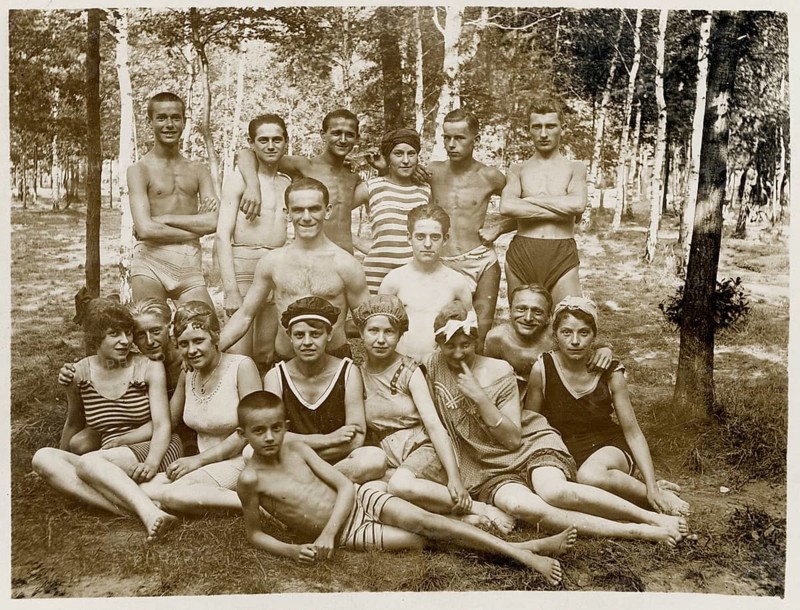 Bathing, swimwear, woman, men, leisure, fun, summer, A group of young men and woman posing in the forest wearing swimwear, around 1926