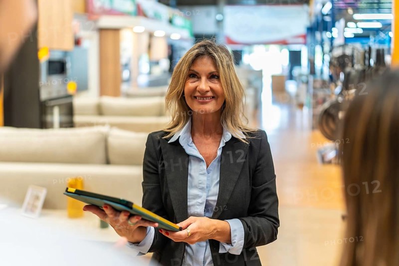 Smiling professional saleswoman holding a tablet and assisting customers in a modern home improvement store showroom, offering expert advice and customer service for shopping decisions