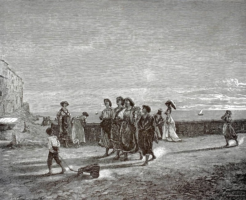Returning from work. Women and children on a coast, a small group of woman in traditional clothing, while in the left foreground a small boy pulls a toy or a small model vehicle behind him, 1880, France, illustration, reproduction from a 19th-century model. Authentic, file restored for optimal use, exact date of submission unknown, historical