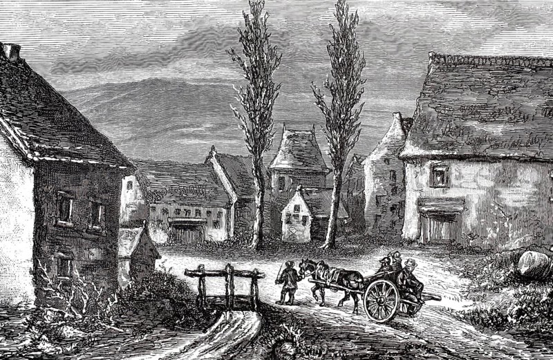 Transport of prisoners: a wooden horse-drawn cart, carrying several people, travels along an unpaved track through a village. Russo-Turkish War (1877–1878), illustration, reproduction of a 19th-century original. Authentic, file restored for optimal use, exact date of the original unknown, historical