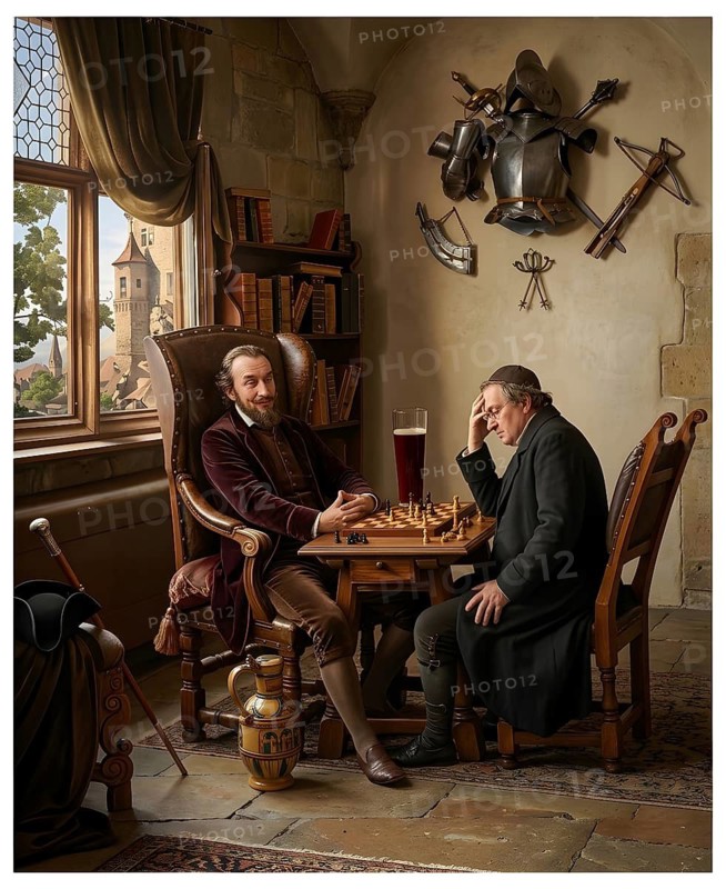 Chess player, historical illustration, presentation, brain teaser, board game, playing, chess, digitally processed