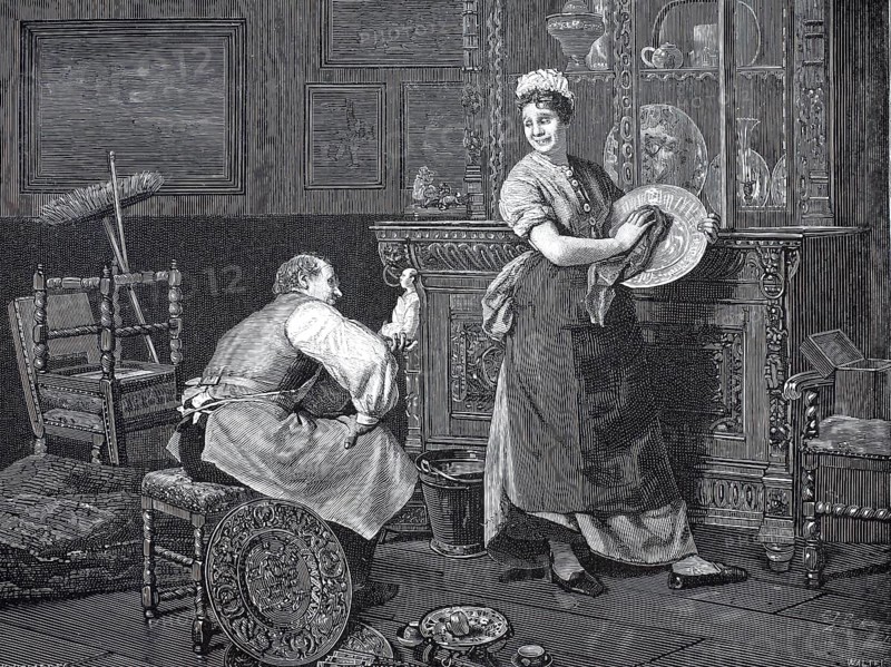 Spring cleaning. In the foreground is a young housemaid or servant in traditional traditional costume and bonnet who, smiling, wipes and polishes a plate with a cloth. Sitting across from her is an elderly man, probably a craftsman. The surrounding area is very rich in decorative and bourgeois details. In the background is a magnificent buffet cabinet made of dark wood, filled with crockery and glasses. Framed pictures hang on the wall, and on the floor there is a bucket and a detailed, large metal decorative bowl, ceremonial plate, illustration, reproduction from a model from the 19th century. Authentic, file restored for optimal use, exact date of submission unknown, historical