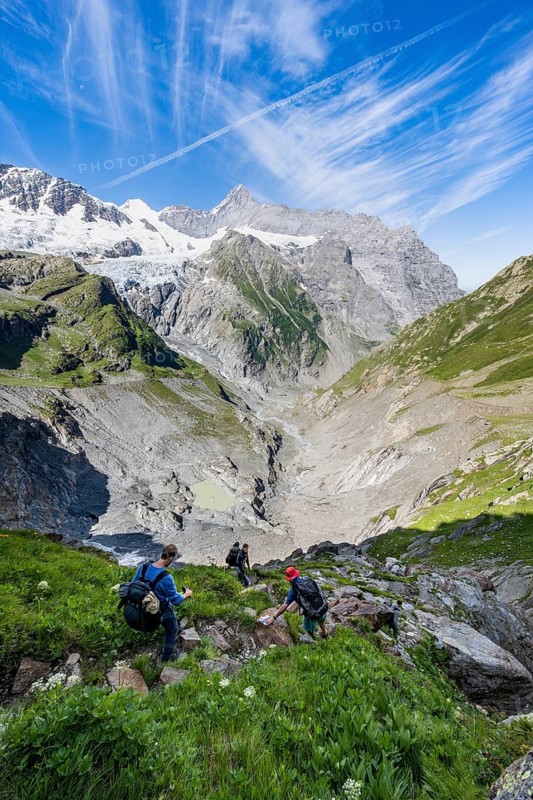 Mountaineers on a hiking trail, mountain panorama, picturesque high alpine mountain landscape with Grindelwald-Fiescherfirn glacier, hiking to Schreckhornhütte, Bernese Oberland, Switzerland
