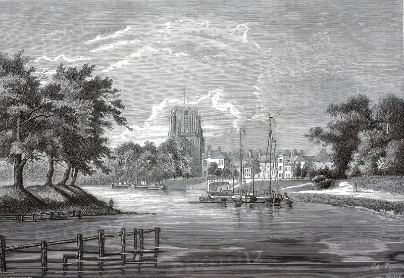 Oldehove in Leeuwarden, Leuwarden, view of the city from the Harlinger Trekvaart river. The unfinished, late Gothic church tower from the 16th century still tends to the side characteristically today, Holland, illustration, reproduction from a model from the 19th century. Authentic, file restored for optimal use, exact date of submission unknown, historical