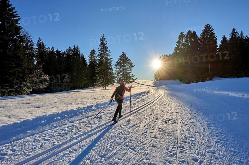 Sportive woman crosscountry skiing at sunset in the Bregenz Forest mountains, Sulzberg, Vorarlberg, Austria