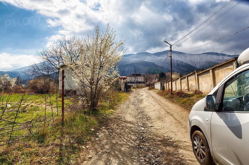 Campervan on the road, driving on unpaved dirt road, blossoms of a fruit tree, awakening nature in spring, mountains, Kjustendi Oblast, Bulgaria
