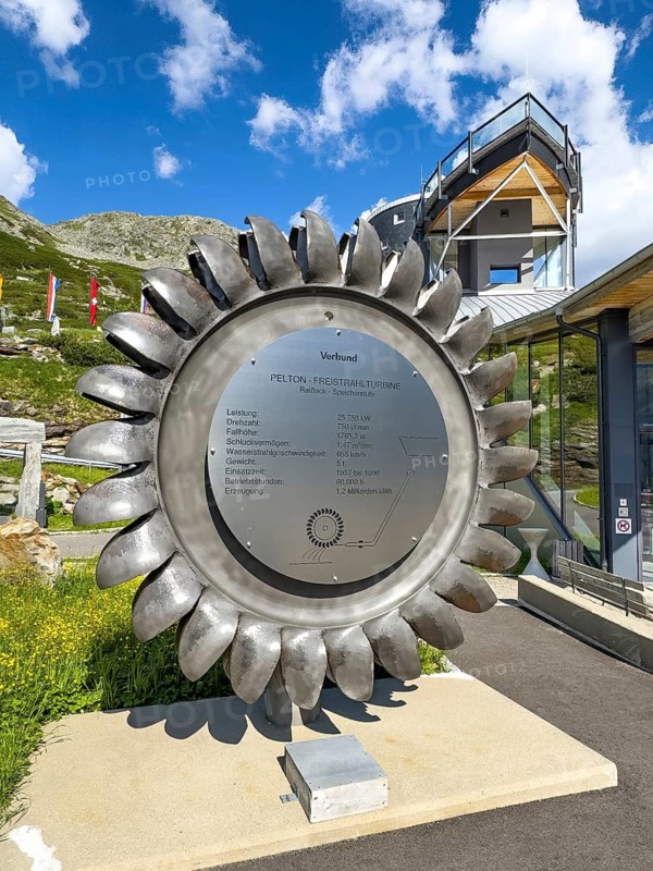 Original Isogyre pump turbine for energy generation with hydroelectric power next to the staircase to Berghotel Malta in front of the Kölnbreinsperre dam dam, Malta, Carinthia, Austria