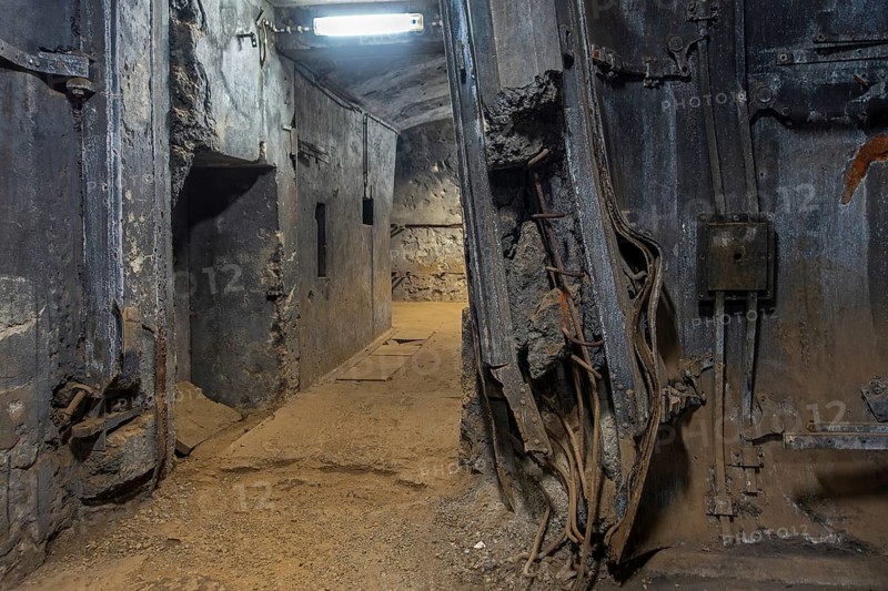 Breached steel blast door by hollow charge inside Fort Eben-Emael, Belgian WW2 fortress in Wallonia during the Second World War Two in Belgium