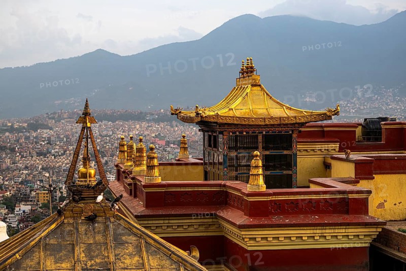 Golden pagoda roof, Swayambunath Buddhist temple, also monkey temple, Buddhist building, Kathmandu, Nepal
