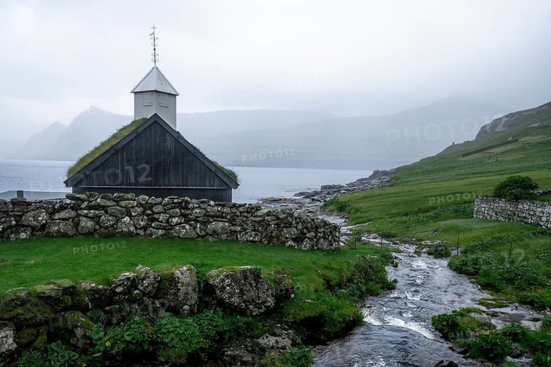 Funningur church in foggy weather, Faroe Islands