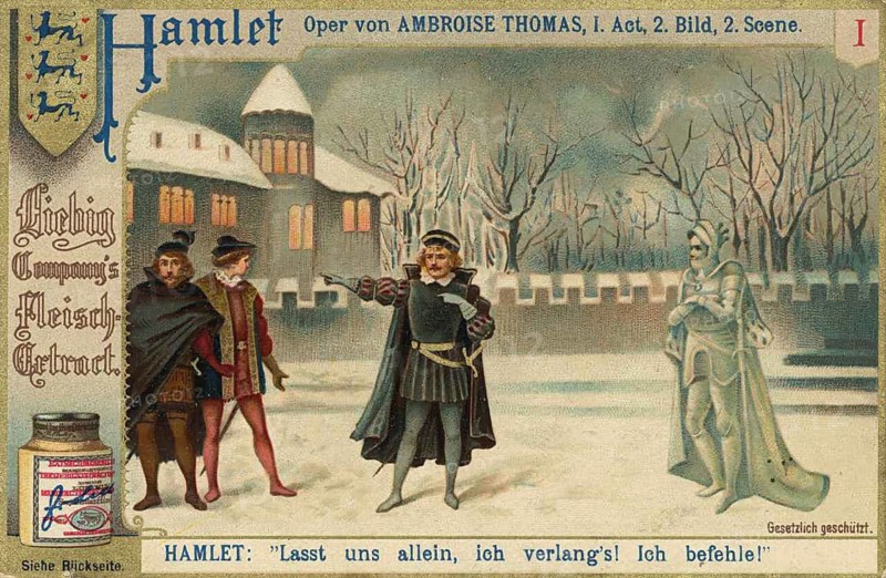 Hamlet picture series, The ghost of Hamlet's deceased father appears. In this specific scene, the ghost uses gestures to be left alone with Hamlet, Liebigbild, digitally restored reproduction of a collector's painting from around 1900, exact date unknown