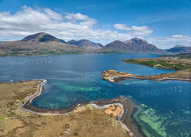 Panoramic aerial photo of the highland landscape at Loch Shieldaig, western Scotland, UK