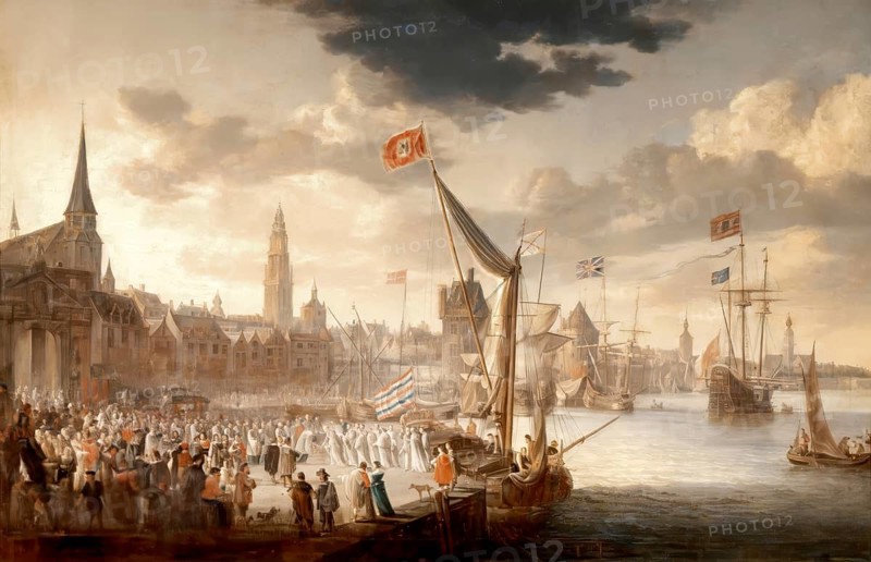 Reception of Saint Norbert of Xanten and the White Monks at the Kranenhoofd in Antwerp, early 12th century, Belgium, Europe, digitalla edited after a painting by Bonaventura Peeters