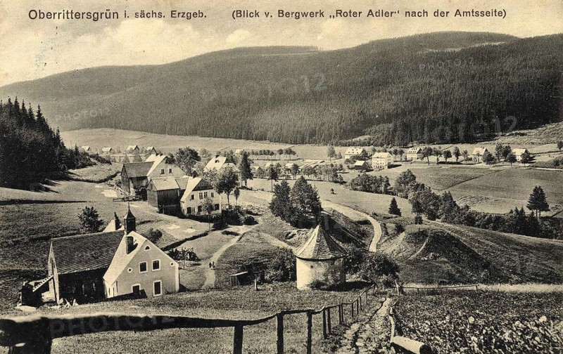 Oberrittersgrün in the Saxon Ore Mountains, view from the Red Eagle mine towards the official side in 1912, Saxony, Germany, authentic reproduction of an old postcard, around 1910, historical, exact date unknown