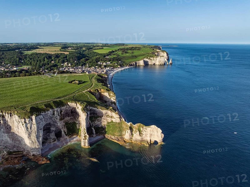 Aerial view of the Falaise d'Amont rock formation with the Porte d'Amont rock gate, Porte d'Aval rock formation, Étretat, Alabaster Coast, La Côte d'Albâtre, chalk cliffs, English Channel, Seine-Maritime, Normandy, France