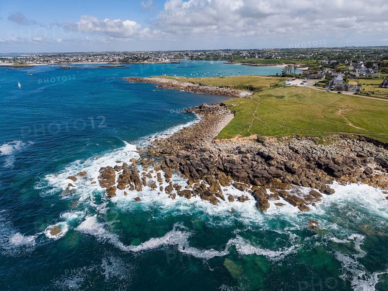 Aerial view of a rugged, rocky Atlantic coast, Breton coast, with rolling waves and deep blue seawater, Trémazan, Kersaint, Landunvez, Finistère department, Brittany region, France