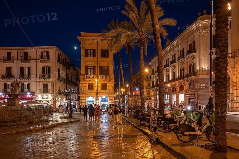 Stroller between illuminated historic buildings and palm trees, Palermo, Sicily, Italy