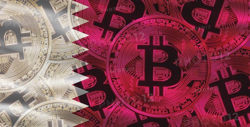 Bitcoin cryptocurrency with Qatari flag in the background. Investors in Blockchain Technology with Qatar flag background
