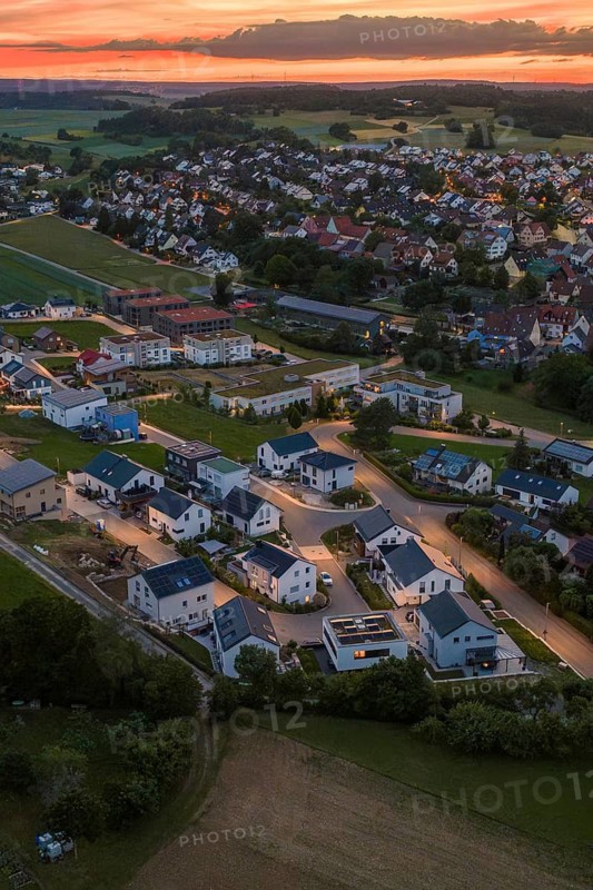 Aerial view of residential area at sunset with modern architecture, Gechingen, Hecken and Gäu region, Landreis Calw, Germany