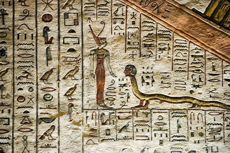 Colourful reliefs and wall paintings and hieroglyphs, tomb, Pharaoh Ramesses III, Valley of the Kings, UNESCO World Heritage Site, Thebes, Luxor, Egypt
