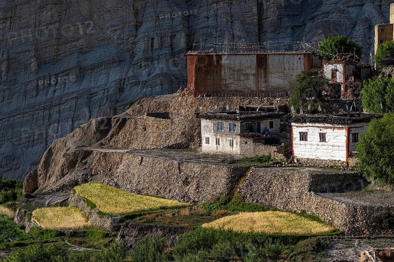 Settlement, small village with terraced fields, traditional clay houses and small Buddhist temple near Chhusang in the Kali Gandaki river valley, Mustang, former kingdom, Himalayas, Nepal