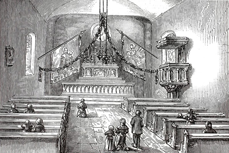 Interior view of the church in Marpingen in Saarland, world-famous for its historic Marian apparitions in the Härtelwald, 1880, Germany, illustration, reproduction from a model from the 19th century. Authentic, file restored for optimal use, exact date of submission unknown, historical