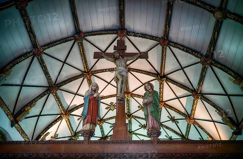 Interior view of Jesus on the Cross, church ceiling, St Ia's Church, St Ives, Cornwall, England, Great Britain, Great Britain