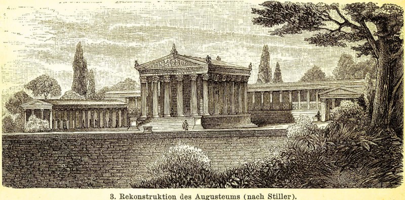 Reconstruction of Augusteum, excavations of Pergamon, ancient Greek city founding in present-day Turkey, archeology, columns, architecture, historical illustration 1885