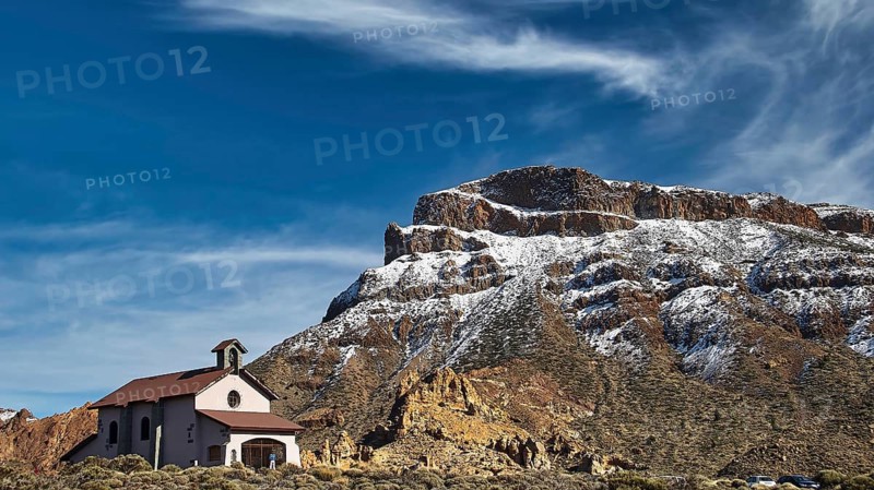 Ermita de las Nieves, church against snowy mountains under blue sky and clouds, Teide, Parque Nacional del Teide, Teide National Park, volcano, volcanism, UNESCO World Heritage Site, Tenerife, Canary Islands, Spain