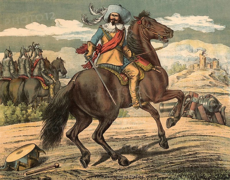 The Thirty Years' War, Wallenstein, Duke of Friedland, on horseback. Albrecht von Wallenstein, whose full name was Albrecht Wenzel Eusebius von Waldstein (born 24 September 1583, died 25 February 1634), Bohemian military commander, Generalissimus and politician representing the Estates, Duke of Friedland. Thirty Years' War, 1618 to 1648, conflict over hegemony in the Holy Roman Empire and in Europe, school picture, illustration, reproduction of a 19th-century original. School picture, wall hanging, authentic, file restored for optimal use, exact date of the original unknown, historical