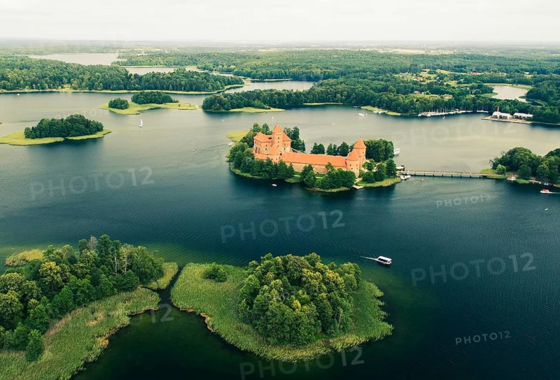 Trakai Island Castle Lithuania aerial view medieval fortress lake Galve panoramic landscape historical architecture gothic museum green islands forest travel destination tourism