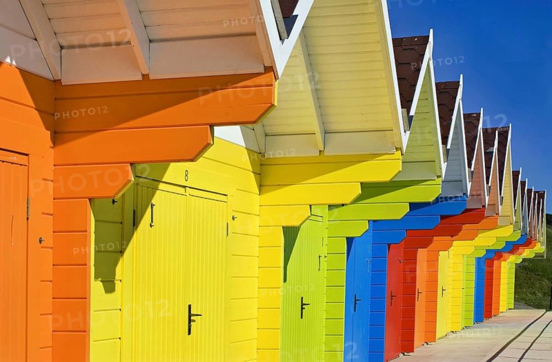 Colourful beach huts on the north beach of Scarborough in northeast England, Great Britain