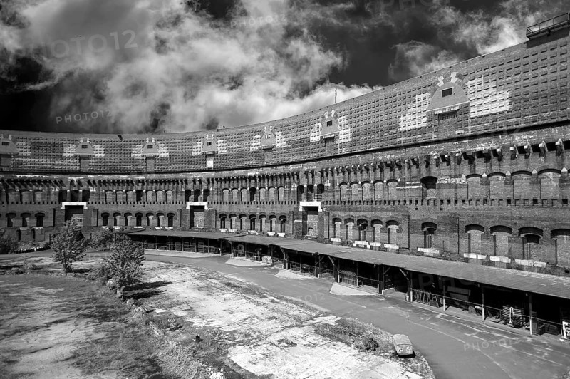 Courtyard of the incomplete Congress Hall of the NSDAP from 1939, Reichsparteitagsgelände Documentation Center, Cloudy Sky, Black and White, Nuremberg, Middle Franconia, Bavaria, Germany
