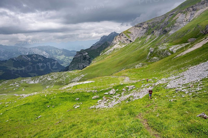 Hikers in Grüner Berglandschft, Kienboden, Bernese Alps, Bernese Oberland, Switzerland