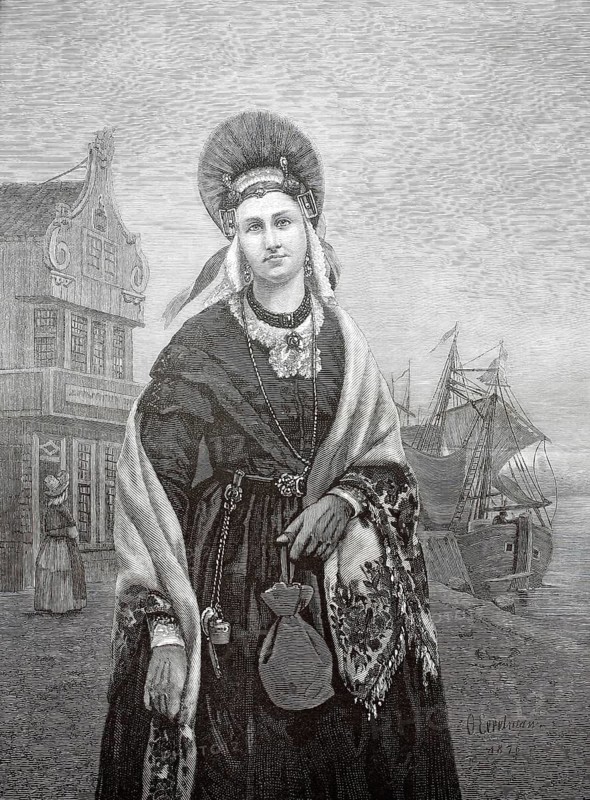 A wealthy Dutch citizen modeled on bridal or holiday costumes from the North Frisian islands such as Sylt or Föhr. Characteristic features are the ornate, semicircular headpiece, the richly decorated shawl, the intricate frisian decoration on the collar and the richly embroidered pouch in her hand, illustration, reproduction of a model from the 19th century. Authentic, file restored for optimal use, exact date of submission unknown, historical