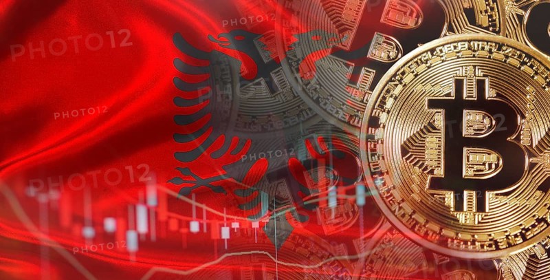 Bitcoin cryptocurrency with Albanian flag. Investors in Blockchain Technology with Albania flag background