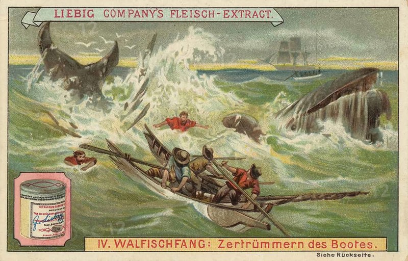 Whaling picture series, dramatic scene of whale hunting in which a whale destroys a rowing boat and hurls the crew into the sea, favorite picture, digitally restored reproduction of a collector's painting from around 1900, exact date unknown