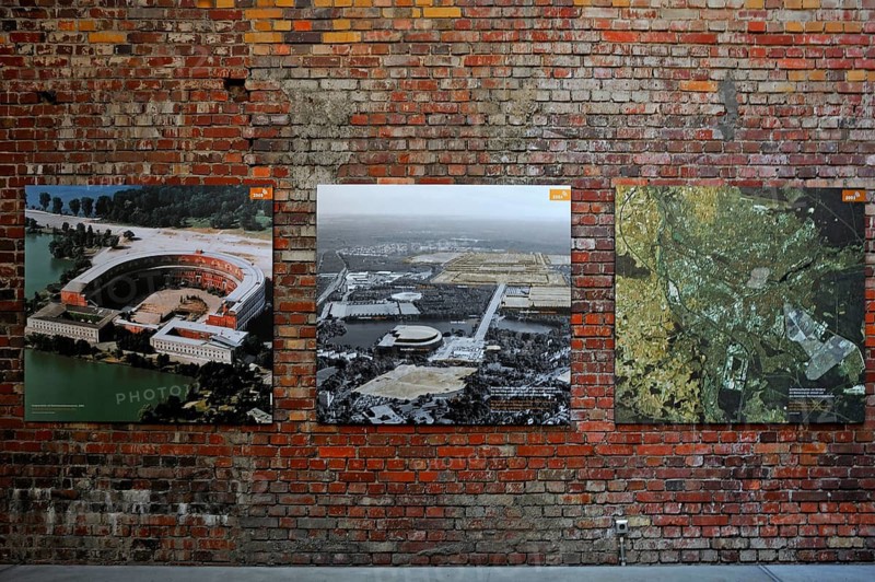 Three information boards about the location of the Reichstag Party Grounds and the unfinished NS Congress Hall, Entrance Hall, Reichsparteitagsgelände Documentation Center, Bayernstraße 110, Nuremberg, Middle Franconia, Bavaria, Germany
