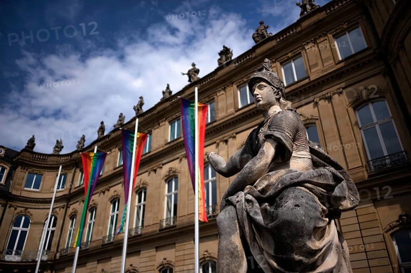 Statue, MINERVA, behind LGBTQ flags in rainbow colors, Stuttgart PRIDE, CSD, Christopher Street Day, New Palace, Schlossplatz, Stuttgart, Baden-Württemberg, Germany