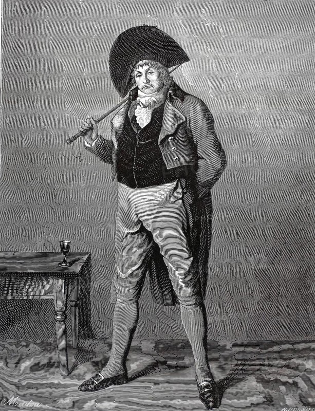 A dandy from the Directory. The picture shows a Muscadin or Incroyable, a dandyish, royalist-minded young man from the period of the Thermidorian Reaction (c. 1794–1795) during the French Revolution. Typical features of this fashion style include the extremely large bicorne hat, the turned-up collar with a lavish cravat, and the frock coat with enormous lapels. He is holding a wooden cane, illustration, reproduction of a 19th-century original. Authentic, file restored for optimal use, exact date of the original unknown, historical