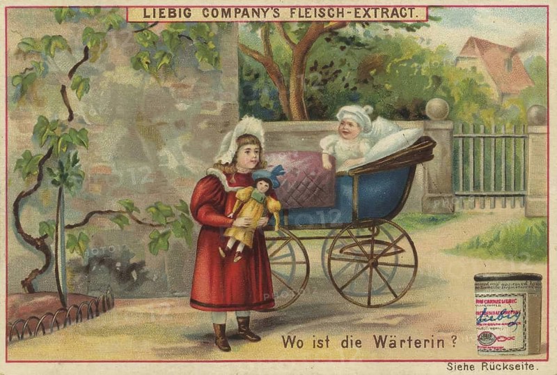 Picture series Search game puzzles, Where is the female guard? Scene with a girl holding a doll next to a Victorian stroller with a baby, picture of love, digitally restored reproduction of a collector's painting from around 1900, exact date unknown
