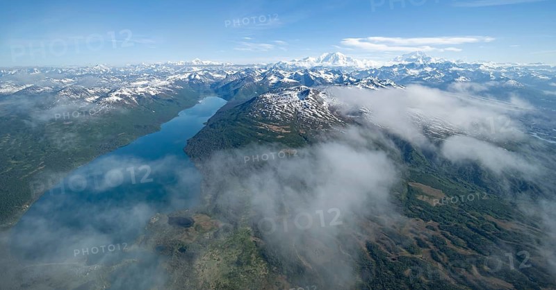 Chelatna Lake, Mt Foraker and Mt Denali or Mount McKinley, aerial view, Alaska Range, Denali National Park, Alaska, USA