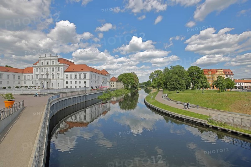 White Baroque Palace with Reflection in the Havel River, Waterfront, Oranienburg Castle, Brandenburg, Germany